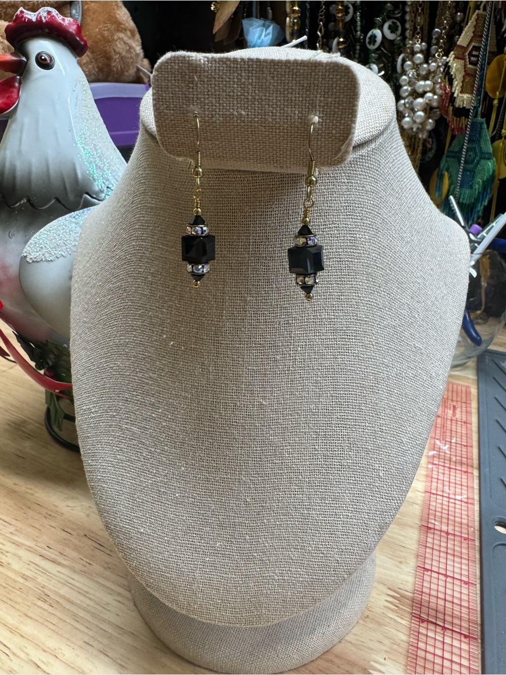 Elegant Black Crystal Drop Earrings - Gold Accent